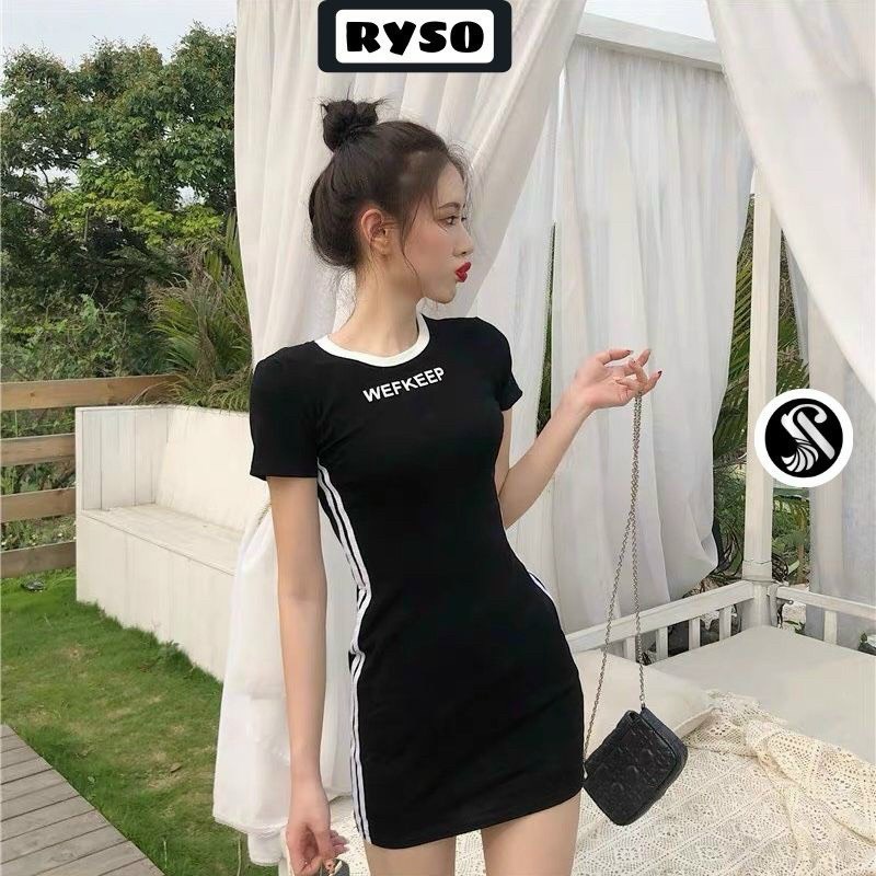 đầm tay ngắn cổ tròn viền màu sọc thân 2 bên cực hot chữ ngực kng