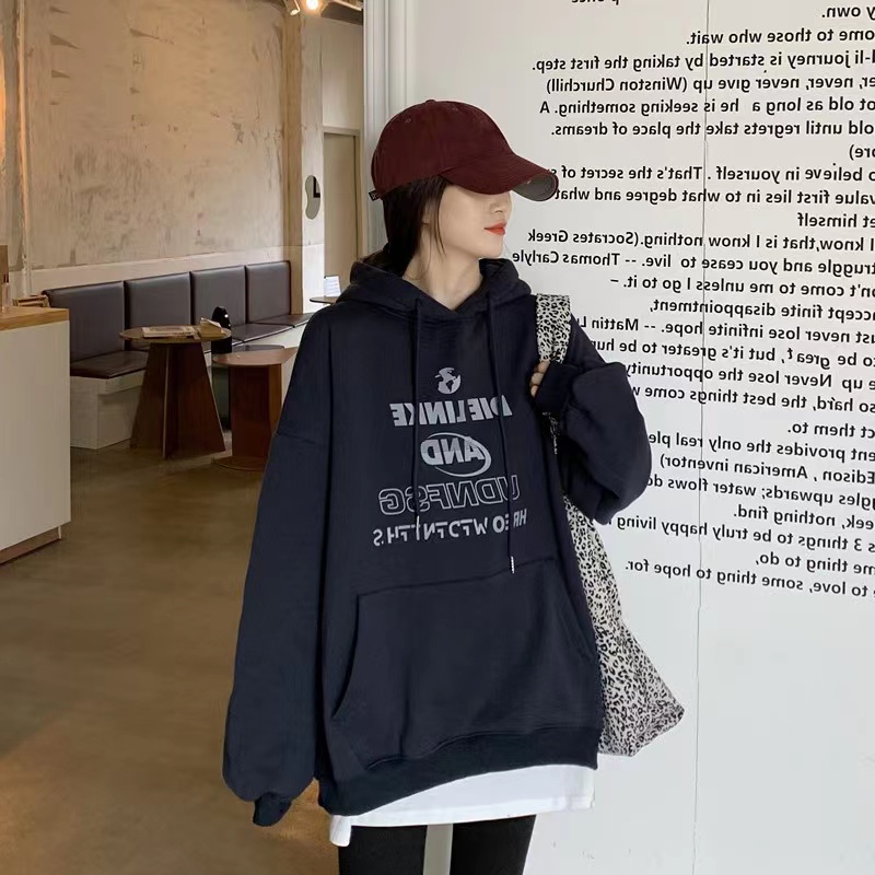 【ZHELIHANGFEI】Áo Hoodie Tay Dài Dáng Rộng In Chữ Cá Tính Thời Trang