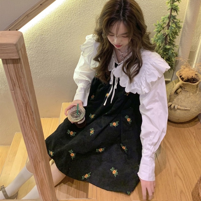 Set Đầm Hoa Và Áo Sơ Mi Cổ Búp Bê Thời Trang Nữ Tính Mới