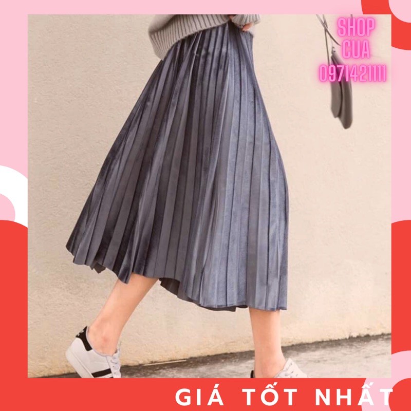 Chân Váy MiDi Nhung Xếp Ly Hàng Quảng Châu Siêu Đẹp
