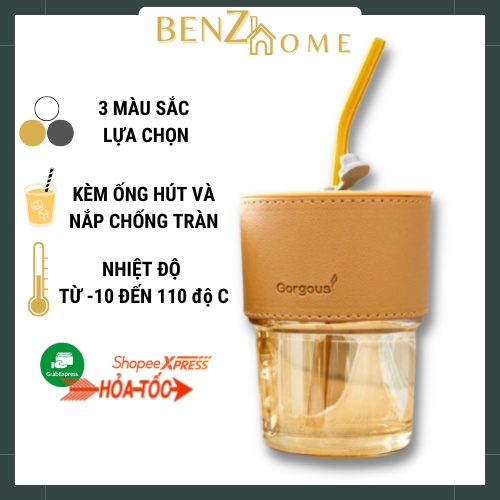 Cốc Thuỷ Tinh Có Nắp Bọc Da Decor , Ly Đẹp Cute Gorgous Chịu Nhiệt 450ml Kèm Ống Hút Thuỷ Tinh BenZ Home