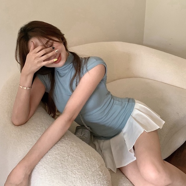 HUANG YOYO Áo thun tay ngắn cổ lọ dáng ôm thời trang mùa hè quyến rũ cá tính cho nữ