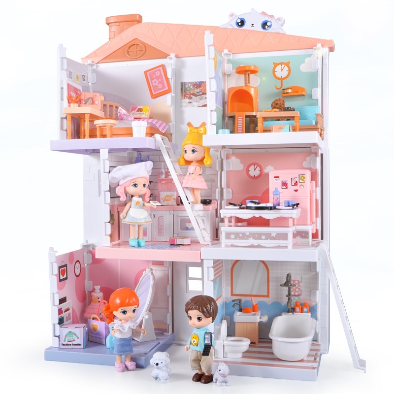 Bộ Villa nhà búp bê thông minh 3 tầng 4in1 - mô hình nhà đầy đủ tiện nghi Little World