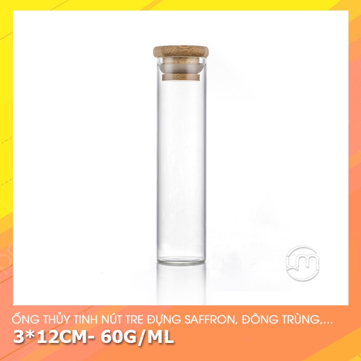 3*12cm- Ống thủy tinh nút tre đáy bằng đựng saffron, đông trùng hạ thảo,...