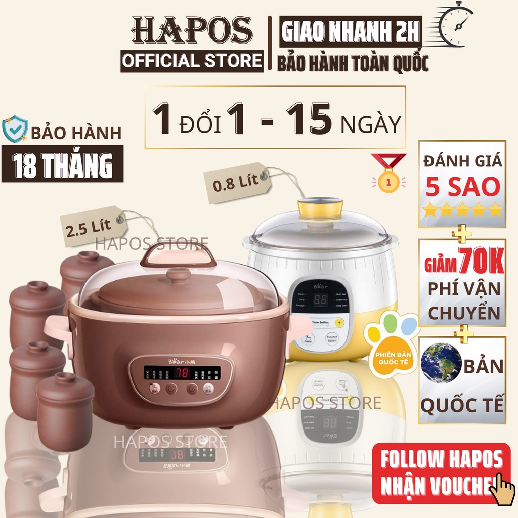 Nồi nấu cháo chậm Bear cho bé 0.8l - 1.6l 2 tầng, nồi hầm cháo cách thủy chưng yến nấu bột ăn dặm - Bản quốc tế - HAPOS