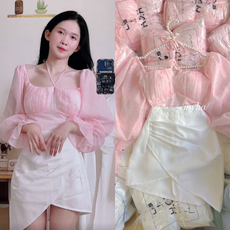 (Hàng mới về) Set áo hoa cổ dây yếm tay bồng chân váy trẳng xẻ tà | Set váy đi tiệc đi biển đi chơi | Tiệm Chang Hie
