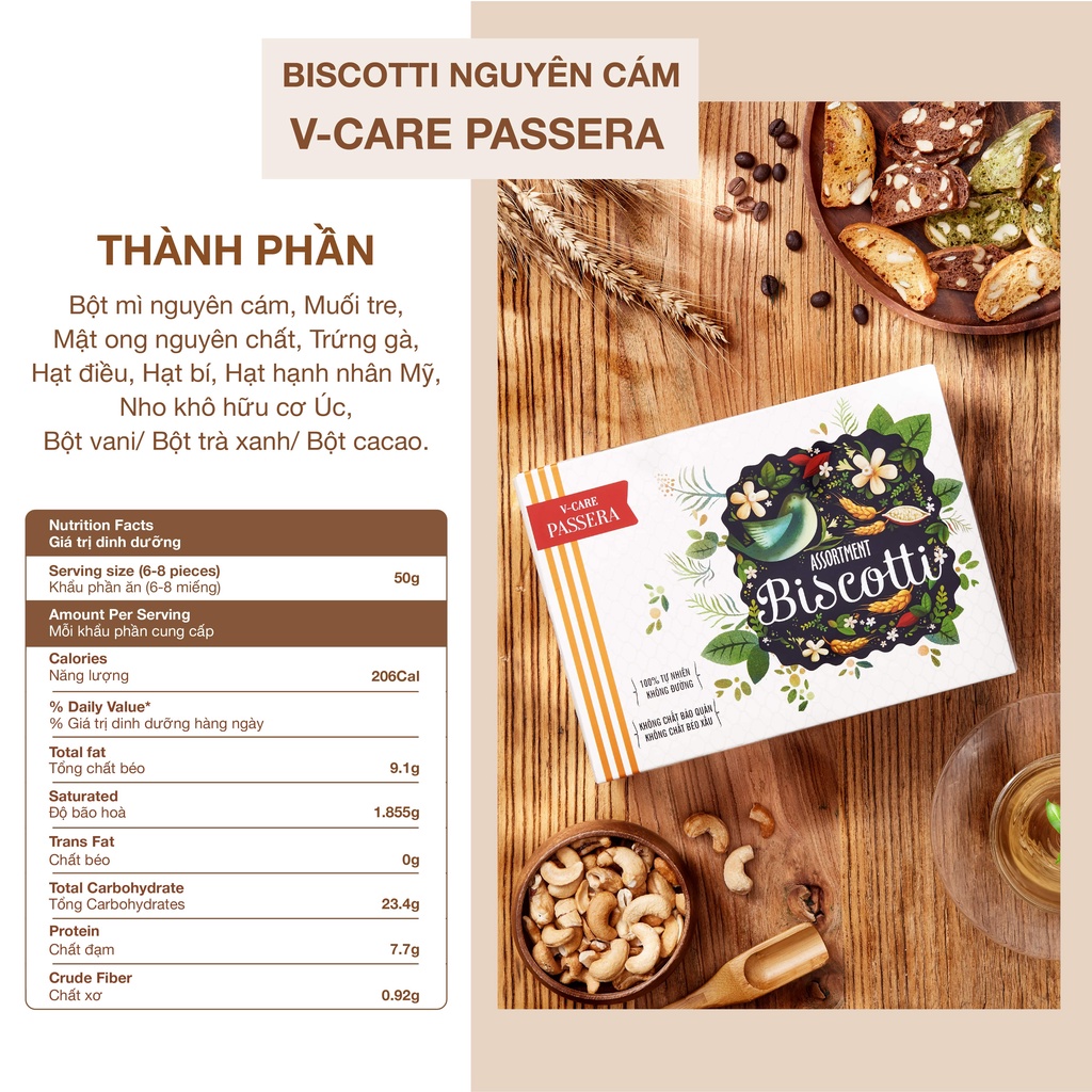 Bánh Biscotti nguyên cám V-CARE PASSERA – Hộp mix vị – hộp 500g