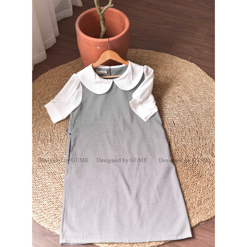 Đầm Bầu Công Sở -Váy Bầu GUME karo đen trắng chất thô cotton họa tiết cổ sen tay bồng size 40-100kg MB 264 - ảnh thật