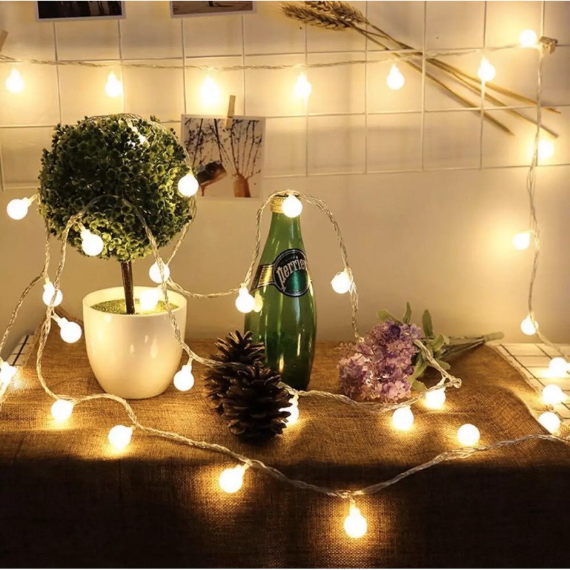 (Xài Pin AA) 1 Dây Đèn Led Trang Trí Dùng Pin 6 Mét 40 Bóng Tròn Cherry Ball, Màu Vàng Nắng Decor Lều Trại, Phòng Ngủ
