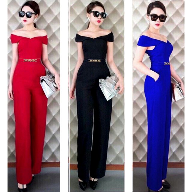 Jumpsuit dài ống suông trễ vai tag bụng