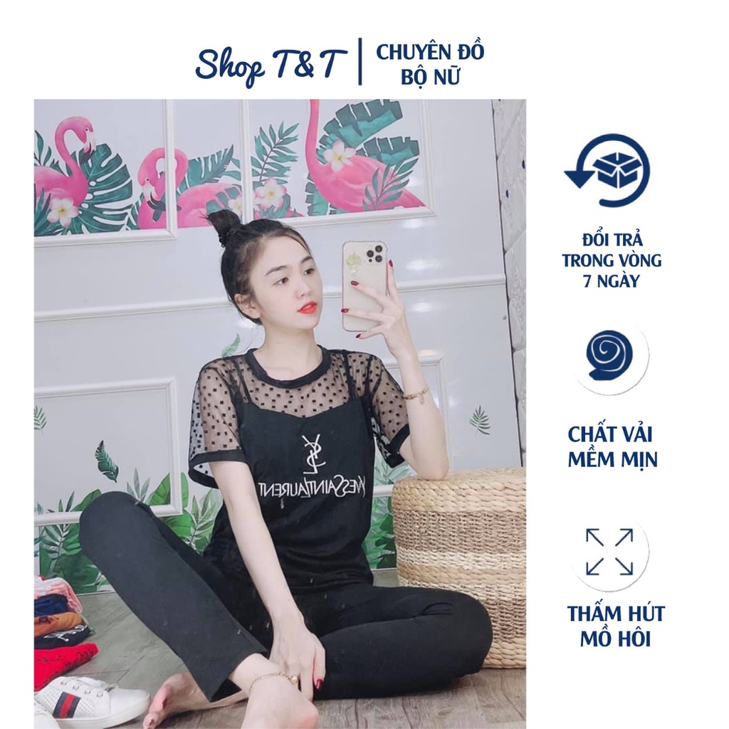 Set Bộ Quần Áo Nữ Cotton Tay Phối Lưới Thời Trang Kèm Ảnh Thật