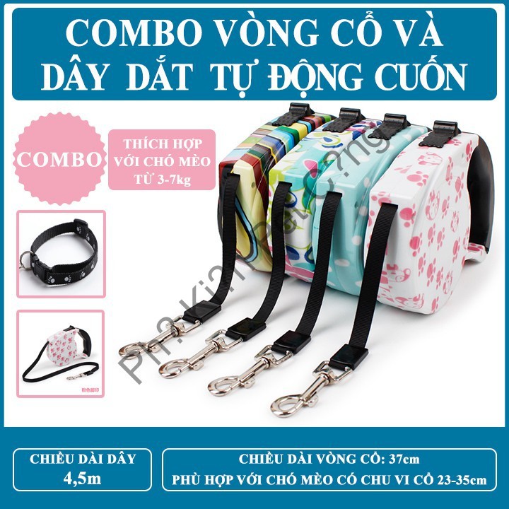 [COMBO] Dây Dắt Cuốn Tự Động và Vòng Cổ - Phù hợp với Chó Mèo từ 3-7Kg - DD0801