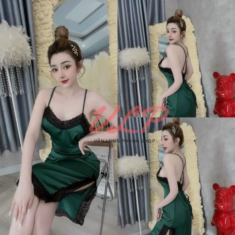 [BIGSIZE_65KG]_DN110_Váy ngủ lụa dài phối ren có mút ngực, đan dây lưng, xẻ tà sexy
