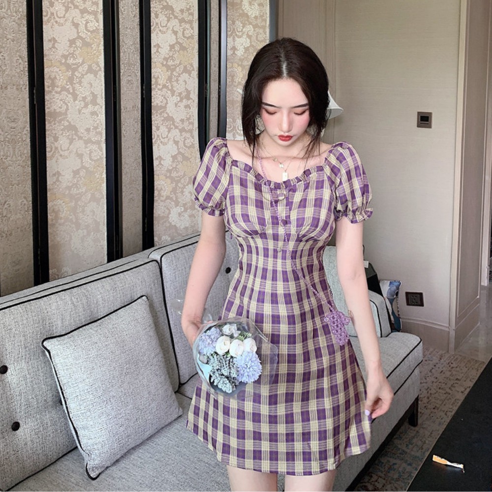 Đầm nữ , váy nữ dáng ôm tay bồng họa tiết caro phong cách retro ATILA SHOP | BigBuy360 - bigbuy360.vn