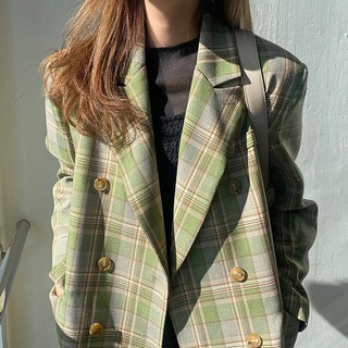 Bella nữ mùa xuân đôi ngực áo khoác blazer vintage rời nữ túi áo blazer đường phố nữ sang trọng hàn quốc áo khoác ngoài