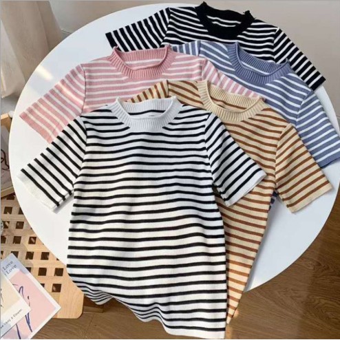 Áo Len Dệt Kim Ngắn Tay Cổ Tròn Kẻ Sọc Xinh Xắn Cho Nữ