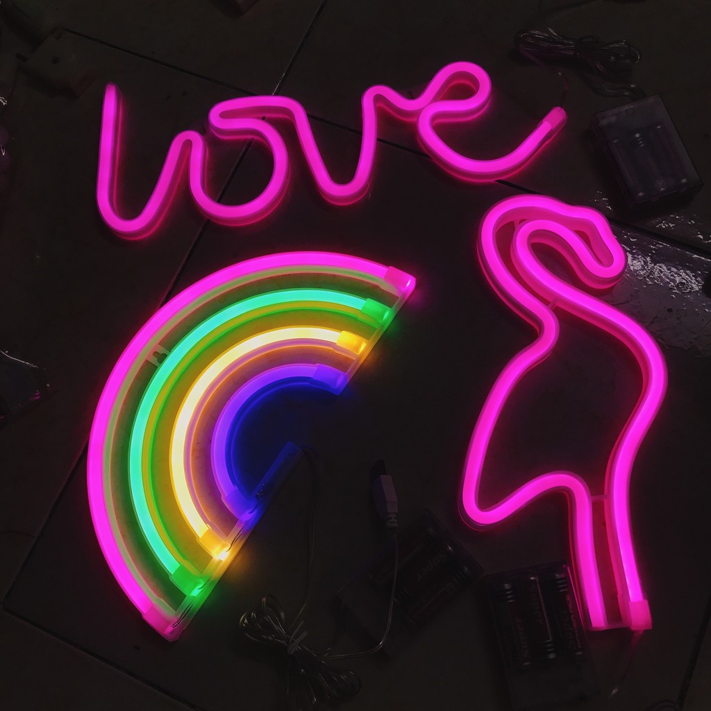 Đèn Neon light treo tường các kiểu có sẵn dễ thương chữ love, chữ home, chữ hello, cầu vồng, con mèo