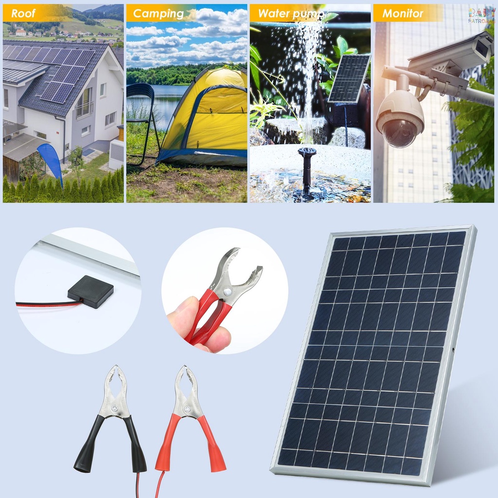 Tấm Pin Năng Lượng Mặt Trời 30W D C 12V/18V Chống Nước Kèm Kẹp Cá Sấu/ IP65