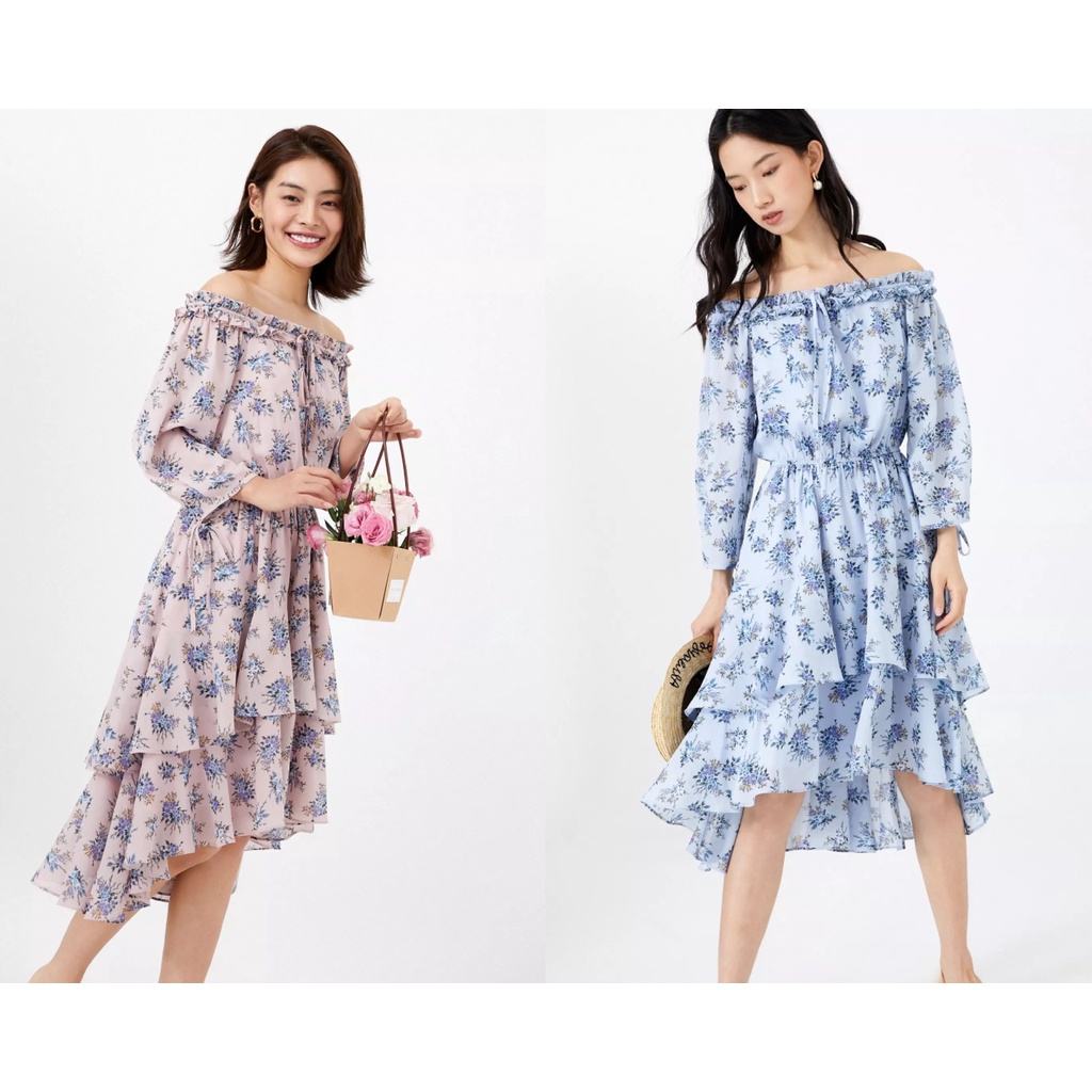 VERO MODA Đầm Voan trễ vai in họa tiết cổ điển
