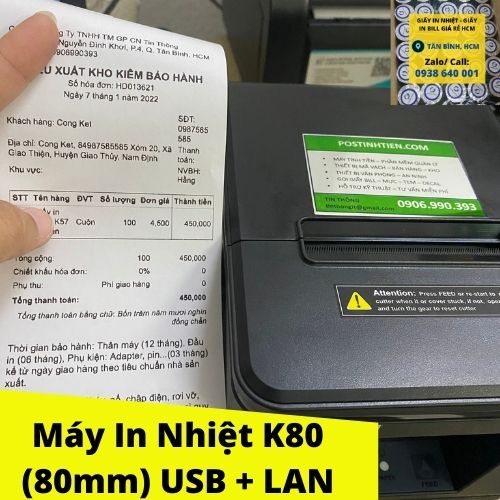 Máy in bill, hóa đơn nhiệt khổ 80mm K80 Xprinter Q80A Mạng Lan + USB (In điện thoại + Máy Tính)