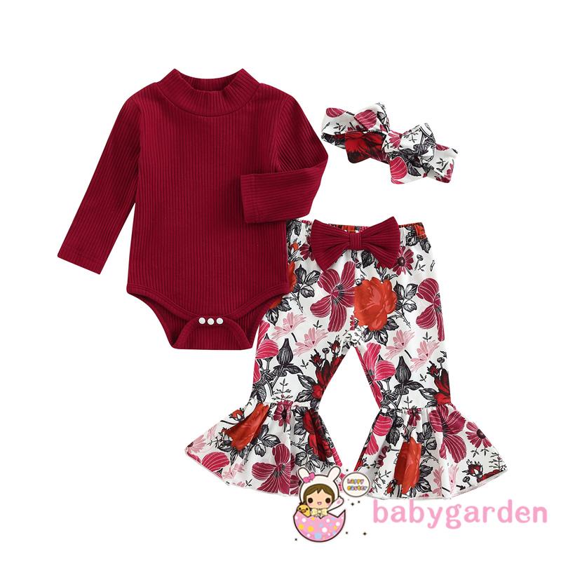 Bộ Áo Liền Quần Tay Dài Cổ Cao Màu Trơn + Quần Dài Ống Loe In Hoa + Băng Đô Cài Tóc Thời Trang Mùa Thu Cho Bé Gái 0-18 Tháng Tuổi