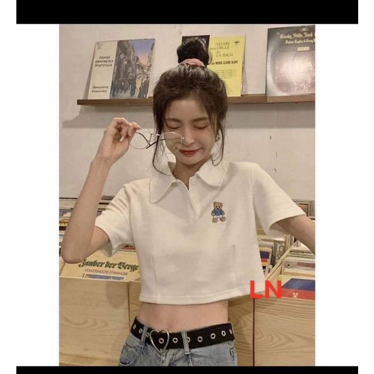 Áo Thun Croptop Ngắn Tay Cổ Bẻ In Hoạ Tiết Gấu Thời Trang Cho Nữ