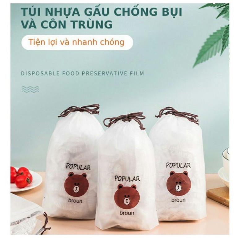 Màng Bọc Thực Phẩm Nilon - SET 100 Túi Gấu Bảo Quản Thực Phẩm Có Chun Co Giãn Tái Sử Dụng Bọc Thức Ăn Tiện Lợi