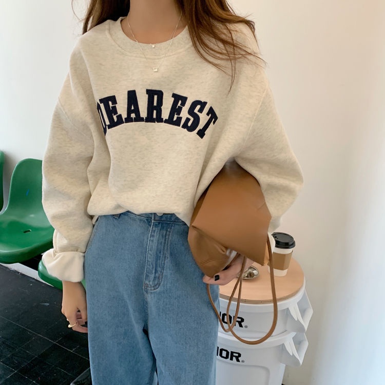 Áo nỉ 77 tay dài dáng rộng thêu họa tiết thời trang thu đông 2021 dành cho nữ