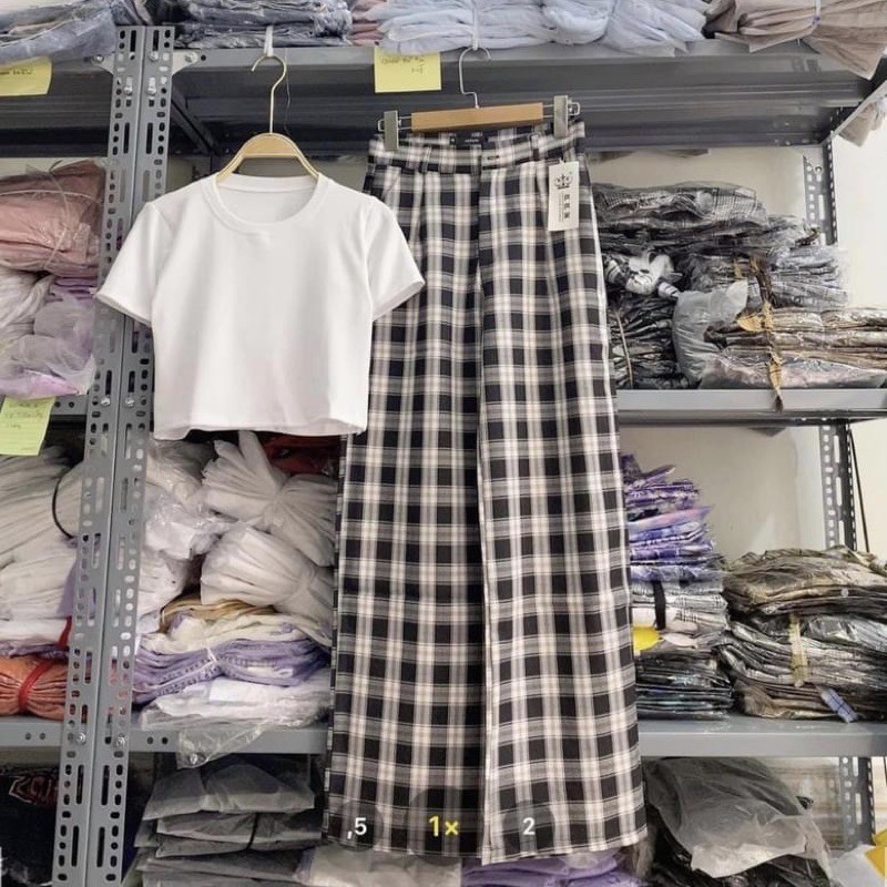 Set áo croptop mix quần caro ống suông [ hàng có sẵn ] | BigBuy360 - bigbuy360.vn