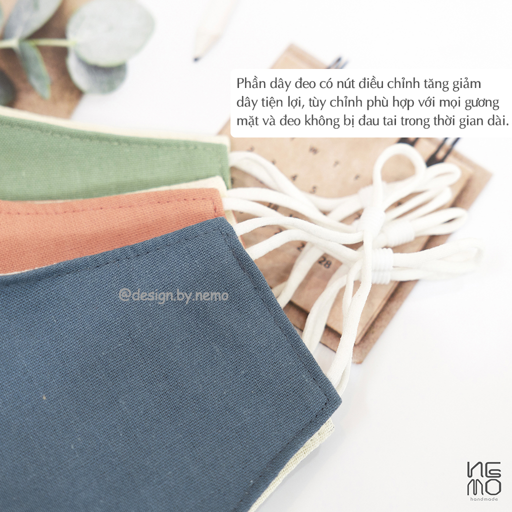 Khẩu Trang Vải Linen Cao Cấp 3 Lớp Màu Trơn Nemo Handmade, Có Nút Tăng Giảm Dây Tiện Lợi - KT3M | BigBuy360 - bigbuy360.vn