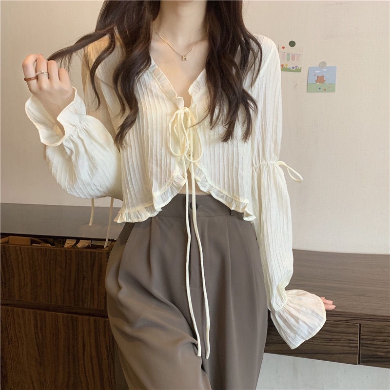 Áo Khoác cardigan Ngắn Phối Bèo Màu Kẹo Ngọt Phong Cách Nhật Bản Dễ Thương Cho Nữ