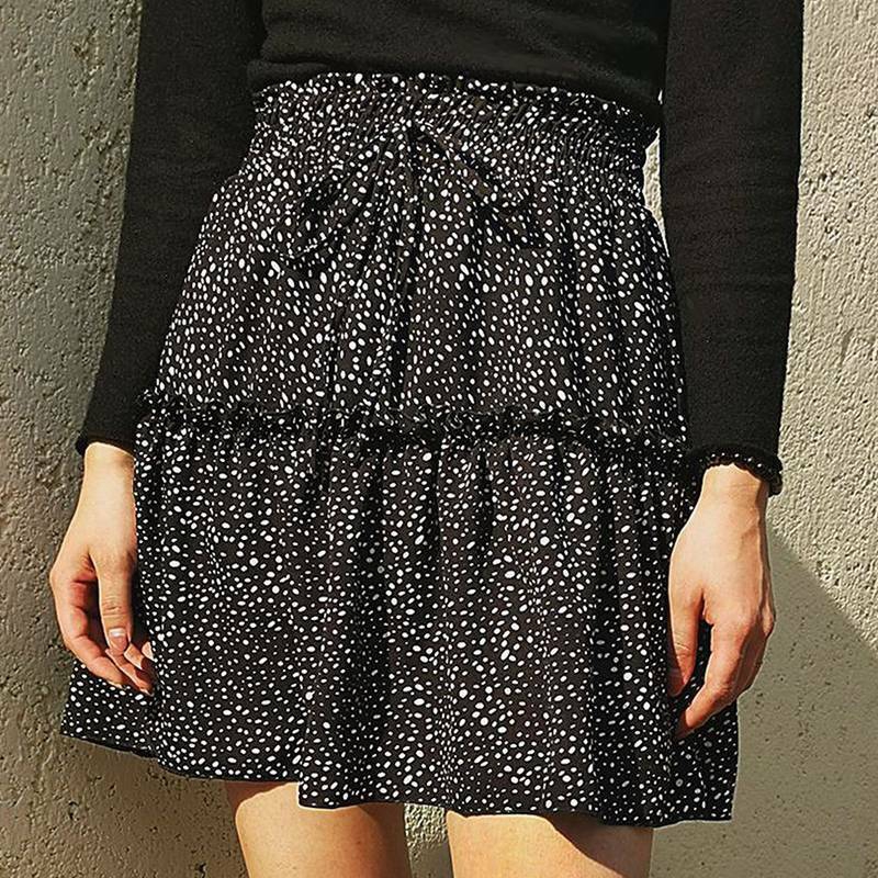 Polka Dot Mini Skirts for Women Elastic Waist Pleated Beach Holiday