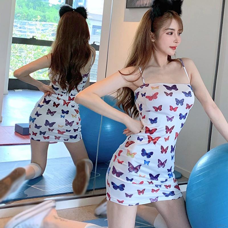 Đầm dáng ôm hai dây không tay in họa tiết cánh bướm quyến rũ phong cách Hàn Quốc dành cho nữ