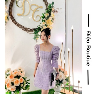 Đầm Gấm, Váy Gấm Cổ Vuông Tay Phồng Thời Trang Nữ