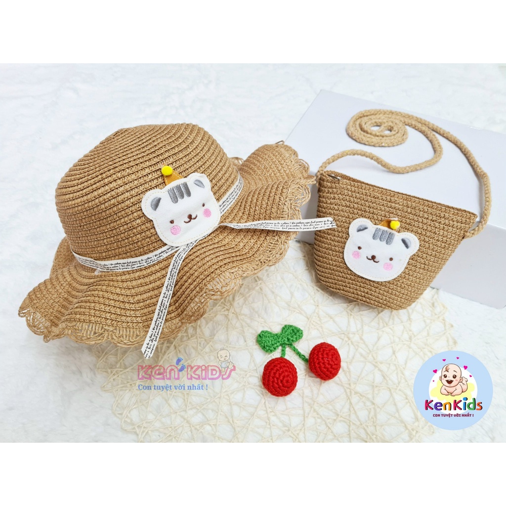 Set Nón mũ cói kèm túi xách hình động vật đáng yêu cho bé gái (2-6t)