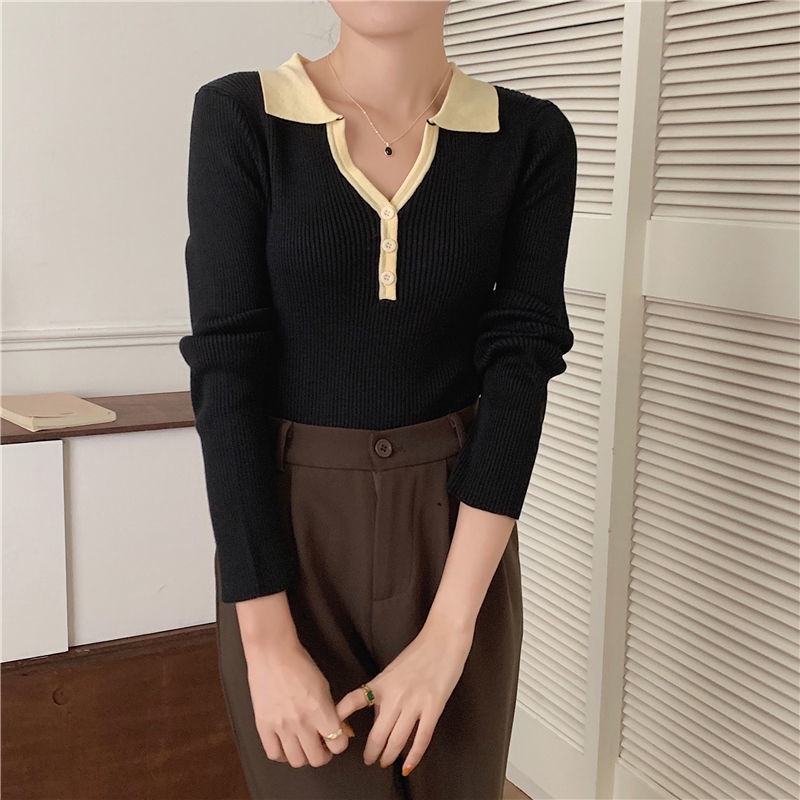 Áo Thun Dệt Kim Cổ POLO Tay Dài Màu Sắc Tương Phản Thời Trang Dành Cho Nữ