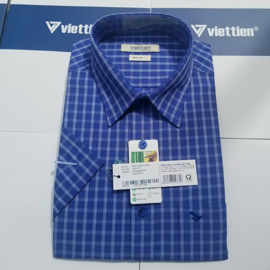 Aó sơ mi Việt Tiến smart casual ngắn tay ,tà ngang mã 6R0110NRY chính hãng ,cao cấp - form suông REGULAR -TÀ NGANG
