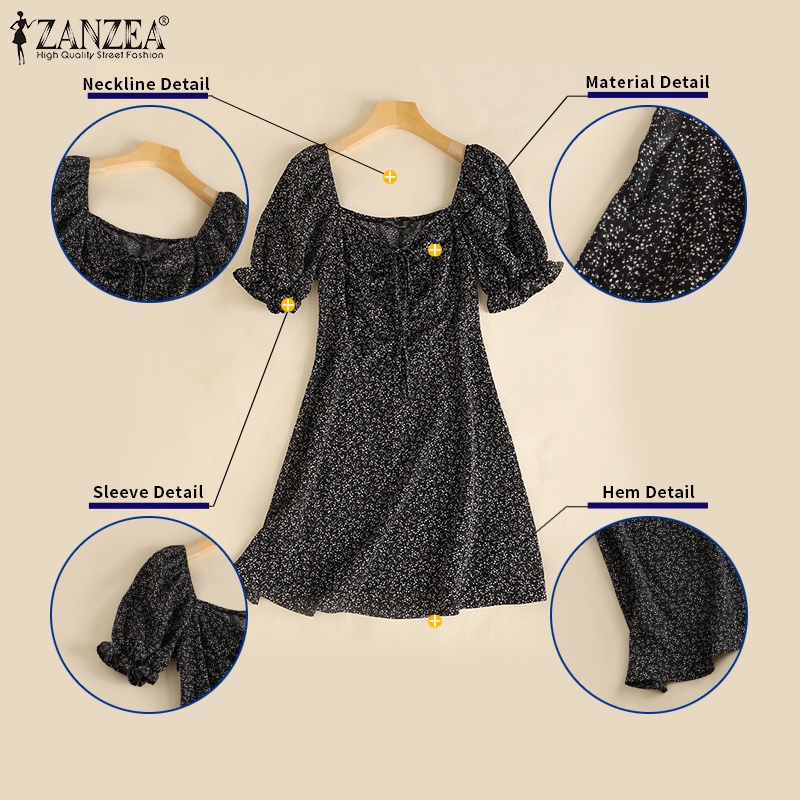 ZANZEA Đầm Tay Phồng Cổ Vuông Phối Dây Rút In Họa Tiết Thời Trang Cho Nữ