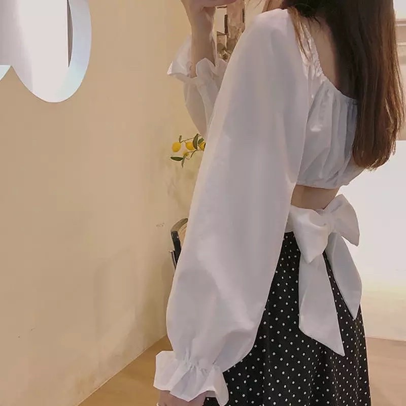 Áo hở lưng nơ tay phồng mùa hè áo Croptop cổ vuông xếp li thời trang