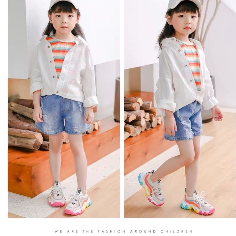 Giày Thể Thao Phối Lưới Màu Cầu Vồng Phong Cách Retro Thời Trang Cho Bé Gái Size 26-37