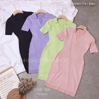 Đầm body len cổ bẻ