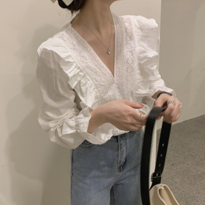 Áo sơ mi nữ dài tay cổ V phối viền bèo cánh tiên điệu đà sang chảnh Hàn Quốc