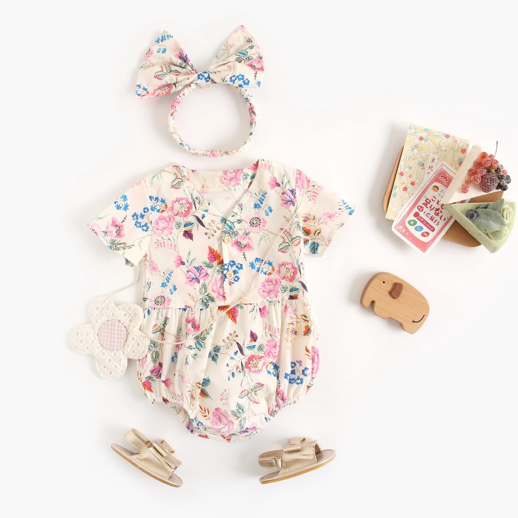 Sanlutoz Bộ Áo Liền Quần Tay Ngắn In Hoa Dễ Thương Kèm Băng Đô Cài Tóc Thời Trang Mùa