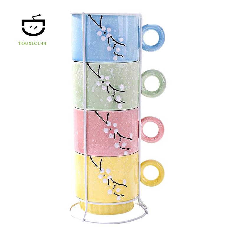 Set 4 cốc uống cà phê bằng sứ có giá đỡ có thể xếp chồng lên nhau
