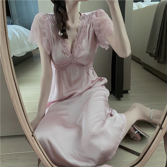 Đầm ngủ dài tay ngắn phối ren mỏng phong cách mùa hè 2021 gợi cảm cho nữ