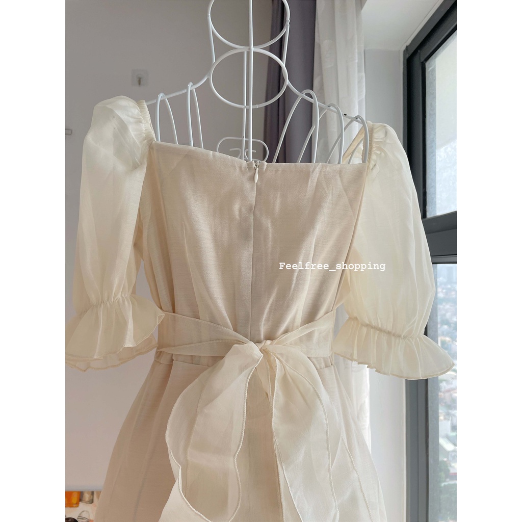 Đầm Be Cổ Vuông 2 Lớp Tay Phồng Ngắn Thắt Nơ Eo Mặc Đi Tiệc, Đi Chơi, Kỷ Yếu (Hình Thật) D012