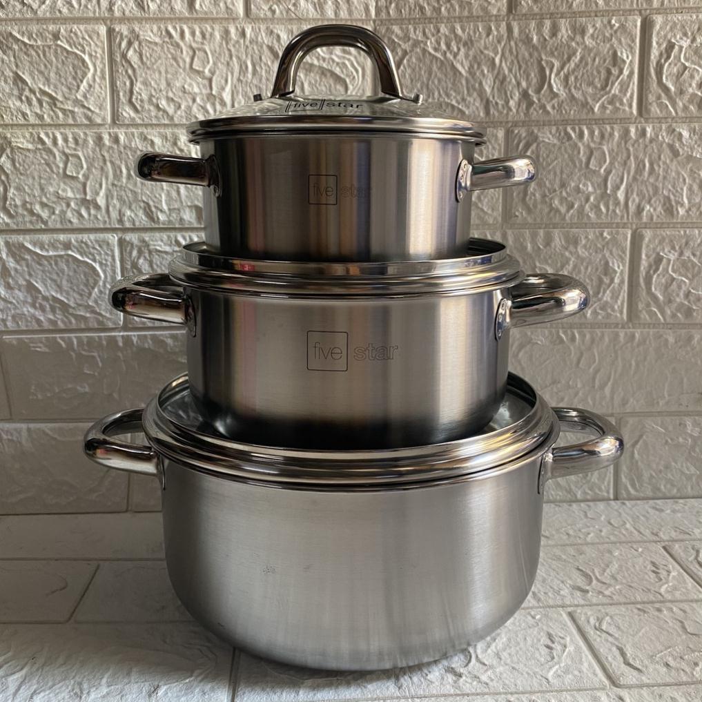 Bộ 3 nồi inox Fivestar. Kết cấu nồi 3 lớp Inox-nhôm-Inox 430. Dày 6zem