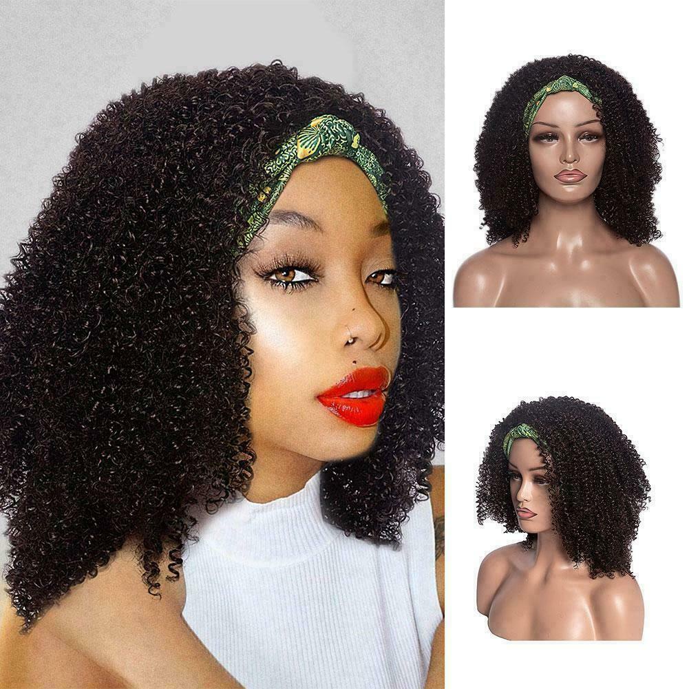 Headband Wig Afro Kinky Curly Short Hair Headwrap Black Wig For Women Turban E4X7