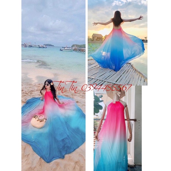 Đầm maxi đi biển omber loang hồng xanh đẹp xuất sắc kèm ảnh thật