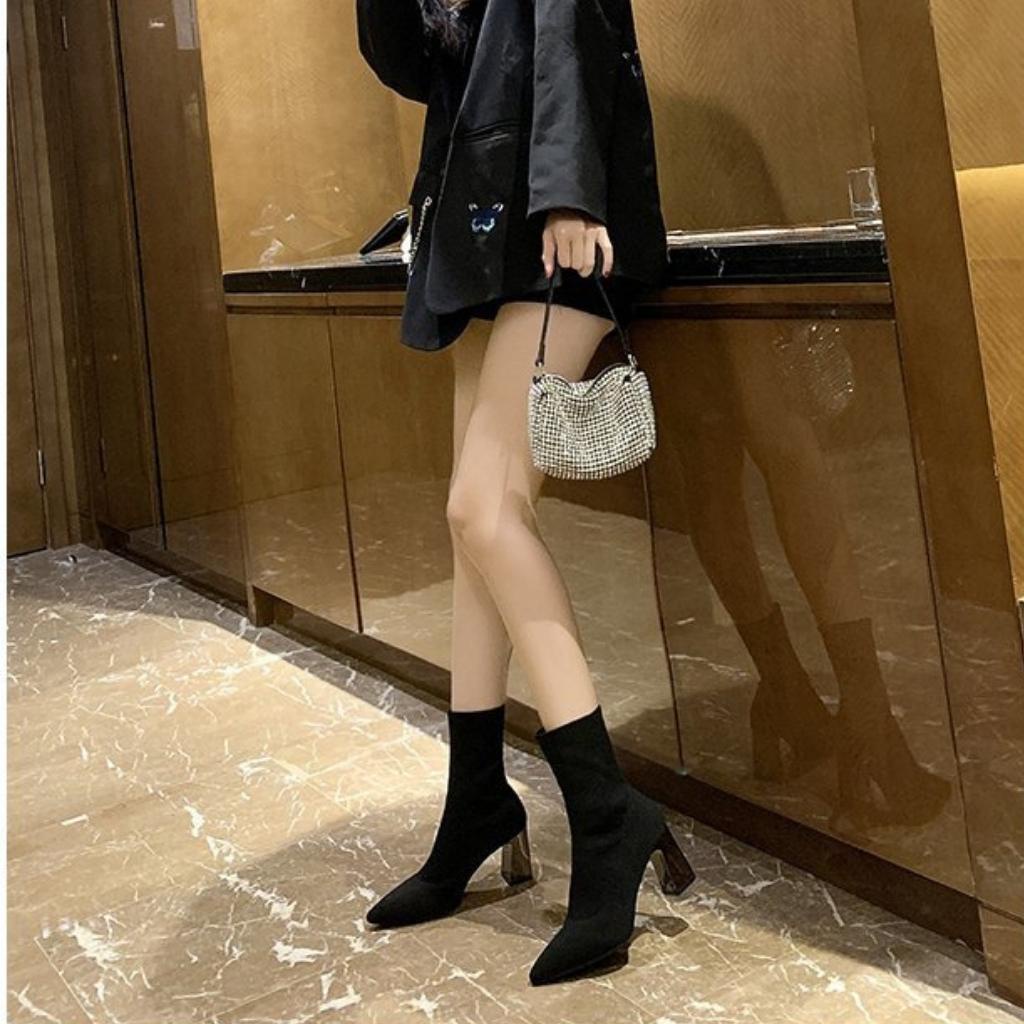 Giầy bốt nữ, boot len cổ cao mũi nhọn gót vuông 7 phân - BOT008 | BigBuy360 - bigbuy360.vn